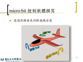 58
micro:bit 控制軟體撰寫
 透過滾轉值來判斷飛機姿態
 