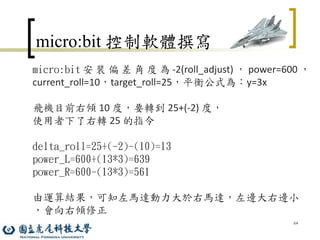 64
micro:bit 控制軟體撰寫
micro:bit 安 裝 偏 差 角 度 為 -2(roll_adjust) ， power=600 ，
current_roll=10，target_roll=25，平衡公式為：y=3x
飛機目前右傾 10 度，要轉到 25+(-2) 度，
使用者下了右轉 25 的指令
delta_roll=25+(-2)-(10)=13
power_L=600+(13*3)=639
power_R=600-(13*3)=561
由運算結果，可知左馬達動力大於右馬達，左邊大右邊小
，會向右傾修正
 