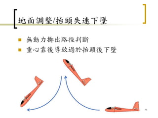 地面調整/抬頭失速下墜
 無動力擲出路徑判斷
 重心靠後導致過於抬頭後下墜
96
 