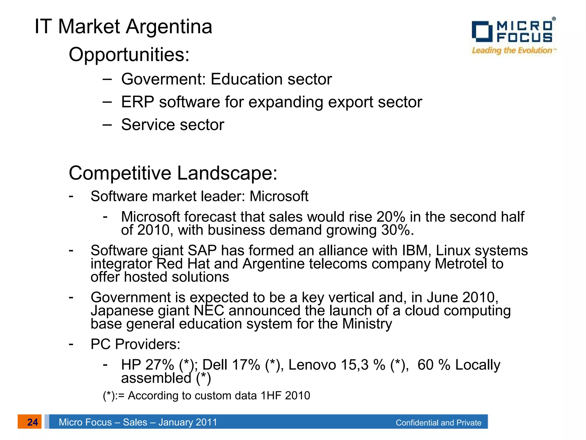 24 Confidential and PrivateMicro Focus – Sales – January 2011
Opportunities:
– Goverment: Education sector
– ERP software for expanding export sector
– Service sector
Competitive Landscape:
- Software market leader: Microsoft
- Microsoft forecast that sales would rise 20% in the second half
of 2010, with business demand growing 30%.
- Software giant SAP has formed an alliance with IBM, Linux systems
integrator Red Hat and Argentine telecoms company Metrotel to
offer hosted solutions
- Government is expected to be a key vertical and, in June 2010,
Japanese giant NEC announced the launch of a cloud computing
base general education system for the Ministry
- PC Providers:
- HP 27% (*); Dell 17% (*), Lenovo 15,3 % (*), 60 % Locally
assembled (*)
(*):= According to custom data 1HF 2010
IT Market Argentina
 