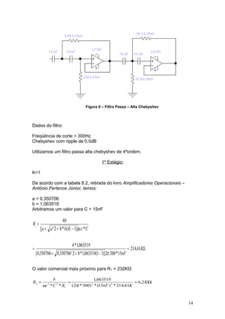 Figura 8 – Filtro Passa – Alta Chebyshev
Dados do filtro:
Freqüência de corte = 300Hz
Chebyshev com ripple de 0,5dB
Utilizamos um filtro passa alta chebyshev de 4ªordem.
1º Estágio:
K=1
De acordo com a tabela 8.2, retirada do livro Amplificadores Operacionais –
Antônio Pertence Júnior, temos:
a = 0,350706
b = 1,063519
Arbitramos um valor para C = 15nF
CcKbaa
b
R
*)]1(*82^[
4
1
ω−++
=
Ω=
−++
= K
nF
61,214
15*3002)]11(063519,1*82^350706,0350706,0[
063519,1*4
π
O valor comercial mais próximo para R1 = 232KΩ
1
222
** RCc
b
R
ω
= Ω== K
KnF
2,6
61,214*)15(*)300*2(
063519,1
22
π
14
 