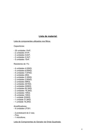 Lista de material:
Lista de componentes utilizados nos filtros:
Capacitores:
- 30 unidades 10nF;
- 2 unidades 47nF;
- 2 unidades 5,6nF;
- 2 unidades 2,2nF;
- 5 unidades 15nF.
Resistores de 1%:
- 4 unidades 4,02KΩ;
- 5 unidades 6,65KΩ;
- 4 unidades 7,87KΩ;
- 2 unidades 2KΩ;
- 2 unidades 3,32KΩ;
- 2 unidades 3,92KΩ;
- 2 unidades 59KΩ;
- 2 unidades 301KΩ;
- 2 unidades 249KΩ;
- 2 unidades 82,5KΩ;
- 2 unidades 18,2KΩ;
- 2 unidades 14KΩ;
- 8 unidades 10KΩ;
- 1 unidade 232KΩ;
- 1 unidade 31,6KΩ;
- 1 unidade 16,2KΩ;
Amplificadores:
- 9 unidades LF351.
- 2 protoboard de 2 vias;
- Fios;
- 1 microfone;
Lista de Componentes do Gerador de Onda Quadrada:
4
 