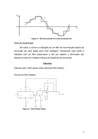Figura 4 – Sinal de entrada Vi e sinal amostrado Vs.
Filtro de reconstrução
Na saída, é comum a utilização de um filtro de reconstrução depois da
conversão de sinal digital para sinal analógico. Tipicamente esta tarefa é
realizada com um filtro passa-baixo e tem por objetivo a eliminação das
réplicas do sinal em múltiplos inteiros da freqüência de conversão.
Cálculos:
Cálculos para o filtro passa- baixa utilizando filtro Elíptico.
Circuito do Filtro Elíptico:
C1
C2
C4C3
+V
V2
+15V
+V
V1
-15V
+
R3
R4
R6
R7
R2R1
Figura 5 – Filtro Passa- Baixa
8
 