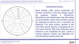 Universidade Federal de São João del-Rei
Departamento de Música
P R O F. M A R C O S F I L H OINTRODUÇÃO AOS PROCESSOS DE GRAVAÇÃO E AMPLIFICAÇÃO SONORA
OMNIDIRECIONAL
Esse padrão polar busca responder de
maneira uniforme o som que chega a partir
de qualquer ângulo e frequência.
Microfones omnnidirecionais não têm efeito
de proximidade, assim não acontece perda
de resposta de graves com o aumento da
distancia. Por esse motivo, tendem a ser
mais fiéis quanto quanto à captação de um
som mais natural. São mais indicados para
estúdios e em contextos de jazz, corais e
música clássica. Podem ser utilizados em
microfonações estéreo tipo A-B.
 