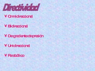 Omnidireccional Bidireccional De gradiente de presión Unidireccional Parabólico Directividad 