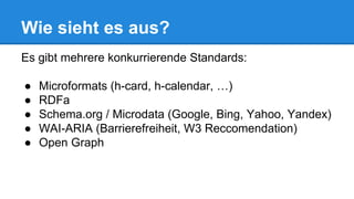 Wie sieht es aus?
Es gibt mehrere konkurrierende Standards:
● Microformats (h-card, h-calendar, …)
● RDFa
● Schema.org / Microdata (Google, Bing, Yahoo, Yandex)
● WAI-ARIA (Barrierefreiheit, W3 Reccomendation)
● Open Graph
 