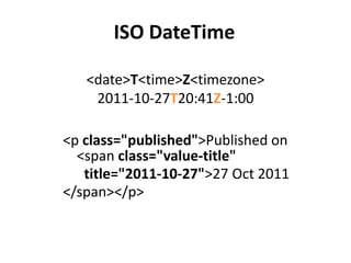 ISO DateTime

   <date>T<time>Z<timezone>
    2011-10-27T20:41Z-1:00

<p class="published">Published on
  <span class="value-title"
   title="2011-10-27">27 Oct 2011
</span></p>
 