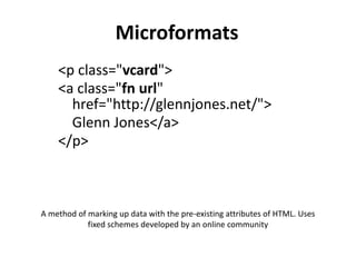Microformats
    <p class="vcard">
    <a class="fn url"
      href="http://glennjones.net/">
      Glenn Jones</a>
    </p>



A method of marking up data with the pre-existing attributes of HTML. Uses
            fixed schemes developed by an online community
 