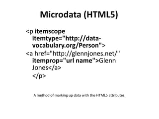 Microdata (HTML5)
<p itemscope
  itemtype="http://data-
  vocabulary.org/Person">
<a href="http://glennjones.net/"
  itemprop="url name">Glenn
  Jones</a>
  </p>

  A method of marking up data with the HTML5 attributes.
 