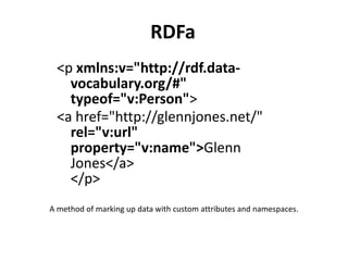 RDFa
 <p xmlns:v="http://rdf.data-
   vocabulary.org/#"
   typeof="v:Person">
 <a href="http://glennjones.net/"
   rel="v:url"
   property="v:name">Glenn
   Jones</a>
   </p>
A method of marking up data with custom attributes and namespaces.
 
