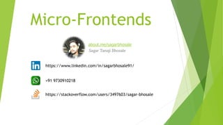 Micro-Frontends
Sagar Tanaji Bhosale
https://www.linkedin.com/in/sagarbhosale91/
+91 9730910218
https://stackoverflow.com/users/3497603/sagar-bhosale
about.me/sagarbhosale
 