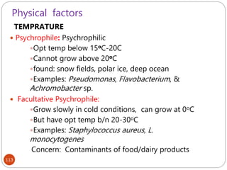Physical factors
113
TEMPRATURE
 Psychrophile: Psychrophilic
Opt temp below 15oC-20C
Cannot grow above 20oC
found: snow fields, polar ice, deep ocean
Examples: Pseudomonas, Flavobacterium, &
Achromobacter sp.
 Facultative Psychrophile:
Grow slowly in cold conditions, can grow at 0oC
But have opt temp b/n 20-30oC
Examples: Staphylococcus aureus, L.
monocytogenes
Concern: Contaminants of food/dairy products
 