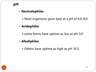 122
 Neutralophiles
 Most organisms grow best at a pH of 6.0–8.0
 Acidophiles
 some forms have optima as low as pH 3.0
 Alkaliphiles
 Others have optima as high as pH 10.5.
pH
122
 