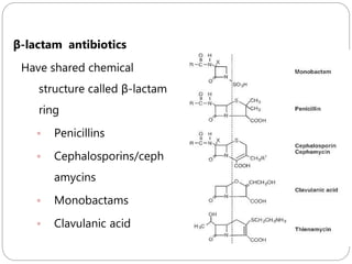 222
β-lactam antibiotics
Have shared chemical
structure called β-lactam
ring
 Penicillins
 Cephalosporins/ceph
amycins
 Monobactams
 Clavulanic acid
 