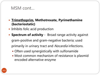 MSM cont…
242
 Trimethoprim, Methotrexate, Pyrimethamine
(bacteriostatic)
 Inhibits folic acid production
 Spectrum of activity - Broad range activity against
gram-positive and gram-negative bacteria; used
primarily in urinary tract and Nocardia infections.
 Often used synergistically with sulfonamide
 Most common mechanism of resistance is plasmid
encoded alternative enzyme
 