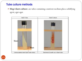 Tube culture methods
279
 Slop/slant culture: are tubes containing a nutrient medium plus a solidifying
agent, agar-agar.
Slant
Butt
 