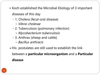 29
 Koch established the Microbial Etiology of 3 important
diseases of this day
 1. Cholera (fecal-oral disease)
 Vibrio cholerae
 2. Tuberculosis (pulmonary infection)
 Mycobacterium tuberculosis
 3. Anthrax (sheep and cattle)
 Bacillus anthracis
His postulates are still used to establish the link
between a particular microorganism and a Particular
disease
 