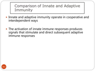 311
 Innate and adaptive immunity operate in cooperative and
interdependent ways
 The activation of innate immune responses produces
signals that stimulate and direct subsequent adaptive
immune responses
Comparison of Innate and Adaptive
Immunity
 
