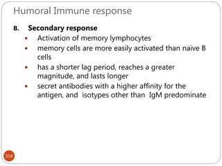 Humoral Immune response
318
B. Secondary response
 Activation of memory lymphocytes
 memory cells are more easily activated than naive B
cells
 has a shorter lag period, reaches a greater
magnitude, and lasts longer
 secret antibodies with a higher affinity for the
antigen, and isotypes other than IgM predominate
 