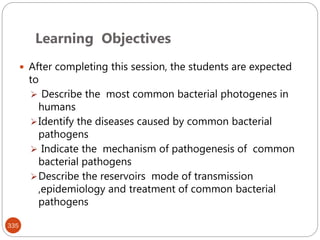 Learning Objectives
335
 After completing this session, the students are expected
to
 Describe the most common bacterial photogenes in
humans
Identify the diseases caused by common bacterial
pathogens
 Indicate the mechanism of pathogenesis of common
bacterial pathogens
Describe the reservoirs mode of transmission
,epidemiology and treatment of common bacterial
pathogens
 