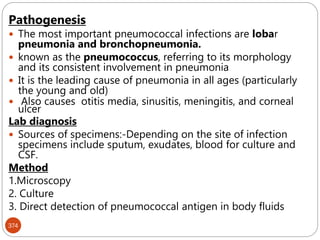 374
Pathogenesis
 The most important pneumococcal infections are lobar
pneumonia and bronchopneumonia.
 known as the pneumococcus, referring to its morphology
and its consistent involvement in pneumonia
 It is the leading cause of pneumonia in all ages (particularly
the young and old)
 Also causes otitis media, sinusitis, meningitis, and corneal
ulcer
Lab diagnosis
 Sources of specimens:-Depending on the site of infection
specimens include sputum, exudates, blood for culture and
CSF.
Method
1.Microscopy
2. Culture
3. Direct detection of pneumococcal antigen in body fluids
 