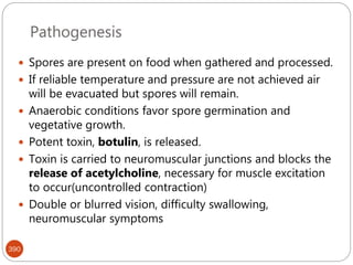 Pathogenesis
390
 Spores are present on food when gathered and processed.
 If reliable temperature and pressure are not achieved air
will be evacuated but spores will remain.
 Anaerobic conditions favor spore germination and
vegetative growth.
 Potent toxin, botulin, is released.
 Toxin is carried to neuromuscular junctions and blocks the
release of acetylcholine, necessary for muscle excitation
to occur(uncontrolled contraction)
 Double or blurred vision, difficulty swallowing,
neuromuscular symptoms
 