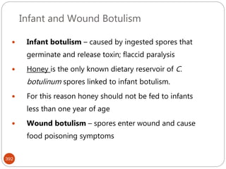 Infant and Wound Botulism
392
 Infant botulism – caused by ingested spores that
germinate and release toxin; flaccid paralysis
 Honey is the only known dietary reservoir of C.
botulinum spores linked to infant botulism.
 For this reason honey should not be fed to infants
less than one year of age
 Wound botulism – spores enter wound and cause
food poisoning symptoms
 