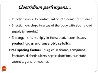 398
 Infection is due to contamination of traumatized tissues
 Infection develops in areas of the body with poor blood
supply (anaerobic)
 The organisms multiply in the subcutaneous tissues,
producing gas and anaerobic cellulitis
Predisposing factors – surgical incisions, compound
fractures, diabetic ulcers, septic abortions, puncture
wounds, gunshot wounds
Clostridium perfringens…
 