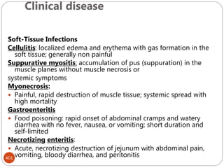 Clinical disease
401
Soft-Tissue Infections
Cellulitis: localized edema and erythema with gas formation in the
soft tissue; generally non painful
Suppurative myositis: accumulation of pus (suppuration) in the
muscle planes without muscle necrosis or
systemic symptoms
Myonecrosis:
 Painful, rapid destruction of muscle tissue; systemic spread with
high mortality
Gastroenteritis
 Food poisoning: rapid onset of abdominal cramps and watery
diarrhea with no fever, nausea, or vomiting; short duration and
self-limited
Necrotizing enteritis:
 Acute, necrotizing destruction of jejunum with abdominal pain,
vomiting, bloody diarrhea, and peritonitis
 