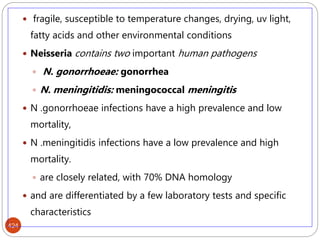 424
 fragile, susceptible to temperature changes, drying, uv light,
fatty acids and other environmental conditions
 Neisseria contains two important human pathogens
 N. gonorrhoeae: gonorrhea
 N. meningitidis: meningococcal meningitis
 N .gonorrhoeae infections have a high prevalence and low
mortality,
 N .meningitidis infections have a low prevalence and high
mortality.
 are closely related, with 70% DNA homology
 and are differentiated by a few laboratory tests and specific
characteristics
 