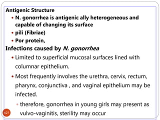 427
Antigenic Structure
 N. gonorrhea is antigenic ally heterogeneous and
capable of changing its surface
 pili (Fibriae)
 Por protein,
Infections caused by N. gonorrhea
 Limited to superficial mucosal surfaces lined with
columnar epithelium.
 Most frequently involves the urethra, cervix, rectum,
pharynx, conjunctiva , and vaginal epithelium may be
infected.
 therefore, gonorrhea in young girls may present as
vulvo-vaginitis, sterility may occur
 