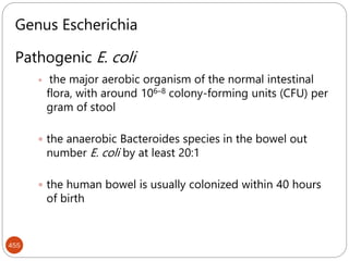455
Genus Escherichia
Pathogenic E. coli
 the major aerobic organism of the normal intestinal
flora, with around 106–8 colony-forming units (CFU) per
gram of stool
 the anaerobic Bacteroides species in the bowel out
number E. coli by at least 20:1
 the human bowel is usually colonized within 40 hours
of birth
 