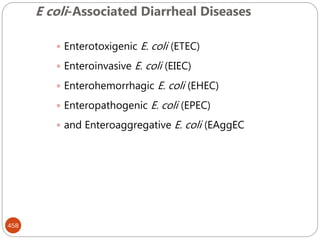 E coli-Associated Diarrheal Diseases
458
 Enterotoxigenic E. coli (ETEC)
 Enteroinvasive E. coli (EIEC)
 Enterohemorrhagic E. coli (EHEC)
 Enteropathogenic E. coli (EPEC)
 and Enteroaggregative E. coli (EAggEC
 