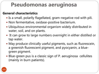 Pseudomonas aeruginosa
476
General characteristics
 Is a small, polarlly flagellated, gram-negative rod with pili.
 Non fermentative, oxidase-positive bacterium.
 Ubiquitous environmental organism widely distributed in
water, soil, and on plants.
 It can grow to large numbers overnight in either distilled or
tap water.
 May produce clinically useful pigments, such as fluorescein,
a greenish fluorescent pigment, and pyocyanin, a blue-
green pigment.
 Blue-green pus is a classic sign of P. aeruginosa cellulites
(mainly in burn patients).
 