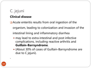 C. jejuni
485
Clinical disease
 Acute enteritis results from oral ingestion of the
organism, leading to colonization and invasion of the
intestinal lining and inflammatory diarrhea
 may lead to extra intestinal and post infective
complications, including reactive arthritis and
Guillain-Barrsyndrome.
 (About 30% of cases of Guillain-Barrsyndrome are
due to C jejuni).
.
 