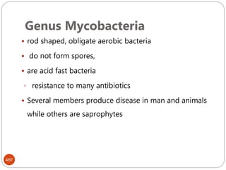 Genus Mycobacteria
487
 rod shaped, obligate aerobic bacteria
 do not form spores,
 are acid fast bacteria
 resistance to many antibiotics
 Several members produce disease in man and animals
while others are saprophytes
 