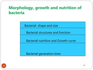 49 49
Bacterial shape and size
Bacterial structures and function
Bacterial nutrition and Growth curve
Bacterial generation time
Morphology, growth and nutrition of
bacteria
 