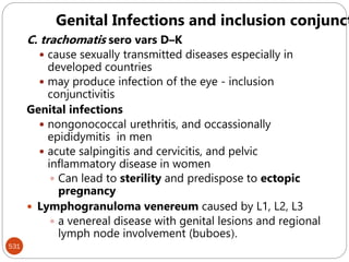 531
C. trachomatis sero vars D–K
 cause sexually transmitted diseases especially in
developed countries
 may produce infection of the eye - inclusion
conjunctivitis
Genital infections
 nongonococcal urethritis, and occassionally
epididymitis in men
 acute salpingitis and cervicitis, and pelvic
inflammatory disease in women
 Can lead to sterility and predispose to ectopic
pregnancy
 Lymphogranuloma venereum caused by L1, L2, L3
 a venereal disease with genital lesions and regional
lymph node involvement (buboes).
Genital Infections and inclusion conjunct
 