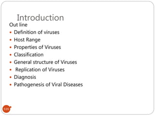 Introduction
535
Out line
 Definition of viruses
 Host Range
 Properties of Viruses
 Classification
 General structure of Viruses
 Replication of Viruses
 Diagnosis
 Pathogenesis of Viral Diseases

 
