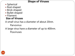 538
Shape of Viruses
 Spherical
 Rod-shaped
 Brick-shaped
 Bullet-shaped
 Filament
Size of Viruses
A small virus has a diameter of about 20nm.
Parvovirus
A large virus have a diameter of up to 400nm.
Poxviruses
 