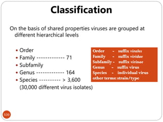 539
On the basis of shared properties viruses are grouped at
different hierarchical levels
 Order
 Family ------------- 71
 Subfamily
 Genus ------------- 164
 Species ---------- > 3,600
(30,000 different virus isolates)
Order - suffix virales
Family - suffix viridae
Subfamily - suffix virinae
Genus - suffix virus
Species - individual virus
other terms: strain/type
Classification
 