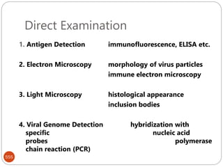 Direct Examination
555
1. Antigen Detection immunofluorescence, ELISA etc.
2. Electron Microscopy morphology of virus particles
immune electron microscopy
3. Light Microscopy histological appearance
inclusion bodies
4. Viral Genome Detection hybridization with
specific nucleic acid
probes polymerase
chain reaction (PCR)
 