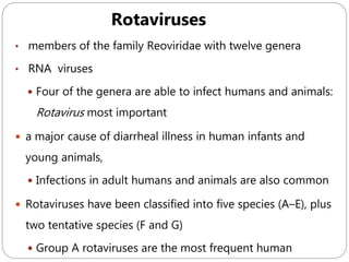 593
• members of the family Reoviridae with twelve genera
• RNA viruses
 Four of the genera are able to infect humans and animals:
Rotavirus most important
 a major cause of diarrheal illness in human infants and
young animals,
 Infections in adult humans and animals are also common
 Rotaviruses have been classified into five species (A–E), plus
two tentative species (F and G)
 Group A rotaviruses are the most frequent human
Rotaviruses
 