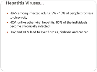 Hepatitis Viruses…
598
 HBV- among infected adults, 5% - 10% of people progress
to chronicity
 HCV, unlike other viral hepatitis, 80% of the individuals
become chronically infected
 HBV and HCV lead to liver fibrosis, cirrhosis and cancer
 