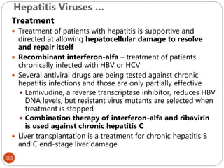 Hepatitis Viruses …
603
Treatment
 Treatment of patients with hepatitis is supportive and
directed at allowing hepatocellular damage to resolve
and repair itself
 Recombinant interferon-alfa – treatment of patients
chronically infected with HBV or HCV
 Several antiviral drugs are being tested against chronic
hepatitis infections and those are only partially effective
 Lamivudine, a reverse transcriptase inhibitor, reduces HBV
DNA levels, but resistant virus mutants are selected when
treatment is stopped
 Combination therapy of interferon-alfa and ribavirin
is used against chronic hepatitis C
 Liver transplantation is a treatment for chronic hepatitis B
and C end-stage liver damage
 