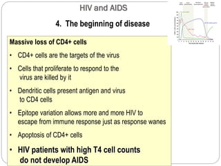 HIV and AIDS
620
Massive loss of CD4+ cells
• CD4+ cells are the targets of the virus
• Cells that proliferate to respond to the
virus are killed by it
• Dendritic cells present antigen and virus
to CD4 cells
• Epitope variation allows more and more HIV to
escape from immune response just as response wanes
• Apoptosis of CD4+ cells
• HIV patients with high T4 cell counts
do not develop AIDS
4. The beginning of disease
 