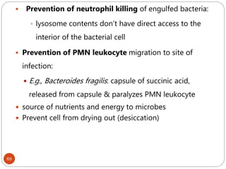 69
 Prevention of neutrophil killing of engulfed bacteria:
 lysosome contents don’t have direct access to the
interior of the bacterial cell
 Prevention of PMN leukocyte migration to site of
infection:
 E.g., Bacteroides fragilis: capsule of succinic acid,
released from capsule & paralyzes PMN leukocyte
 source of nutrients and energy to microbes
 Prevent cell from drying out (desiccation)
 