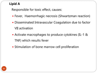 84
Lipid A
Responsible for toxic effect, causes:
 Fever, Haemorrhagic necrosis (Shwartzman reaction)
 Disseminated Intravascular Coagulation due to factor
VII activation
 Activate macrophages to produce cytokines (IL-1 &
TNF) which results fever
 Stimulation of bone marrow cell proliferation
 