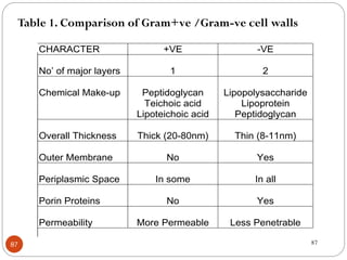 87 87
CHARACTER +VE -VE
No’ of major layers 1 2
Chemical Make-up Peptidoglycan
Teichoic acid
Lipoteichoic acid
Lipopolysaccharide
Lipoprotein
Peptidoglycan
Overall Thickness Thick (20-80nm) Thin (8-11nm)
Outer Membrane No Yes
Periplasmic Space In some In all
Porin Proteins No Yes
Permeability More Permeable Less Penetrable
Table 1. Comparison of Gram+ve /Gram-ve cell walls
 