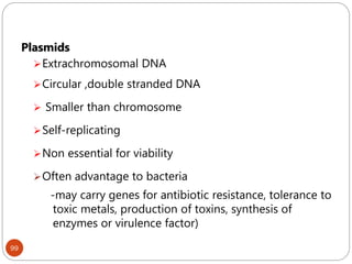 99
Plasmids
Extrachromosomal DNA
Circular ,double stranded DNA
 Smaller than chromosome
Self-replicating
Non essential for viability
Often advantage to bacteria
-may carry genes for antibiotic resistance, tolerance to
toxic metals, production of toxins, synthesis of
enzymes or virulence factor)
 